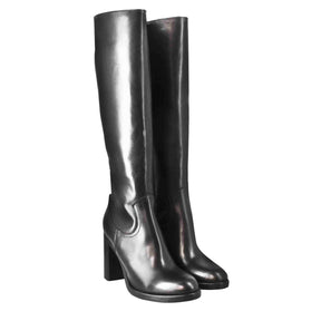 Smooth women's knee high boot with high heel in black leather