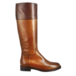 Smooth women's knee-high boot with low heel in brown and dark brown leather