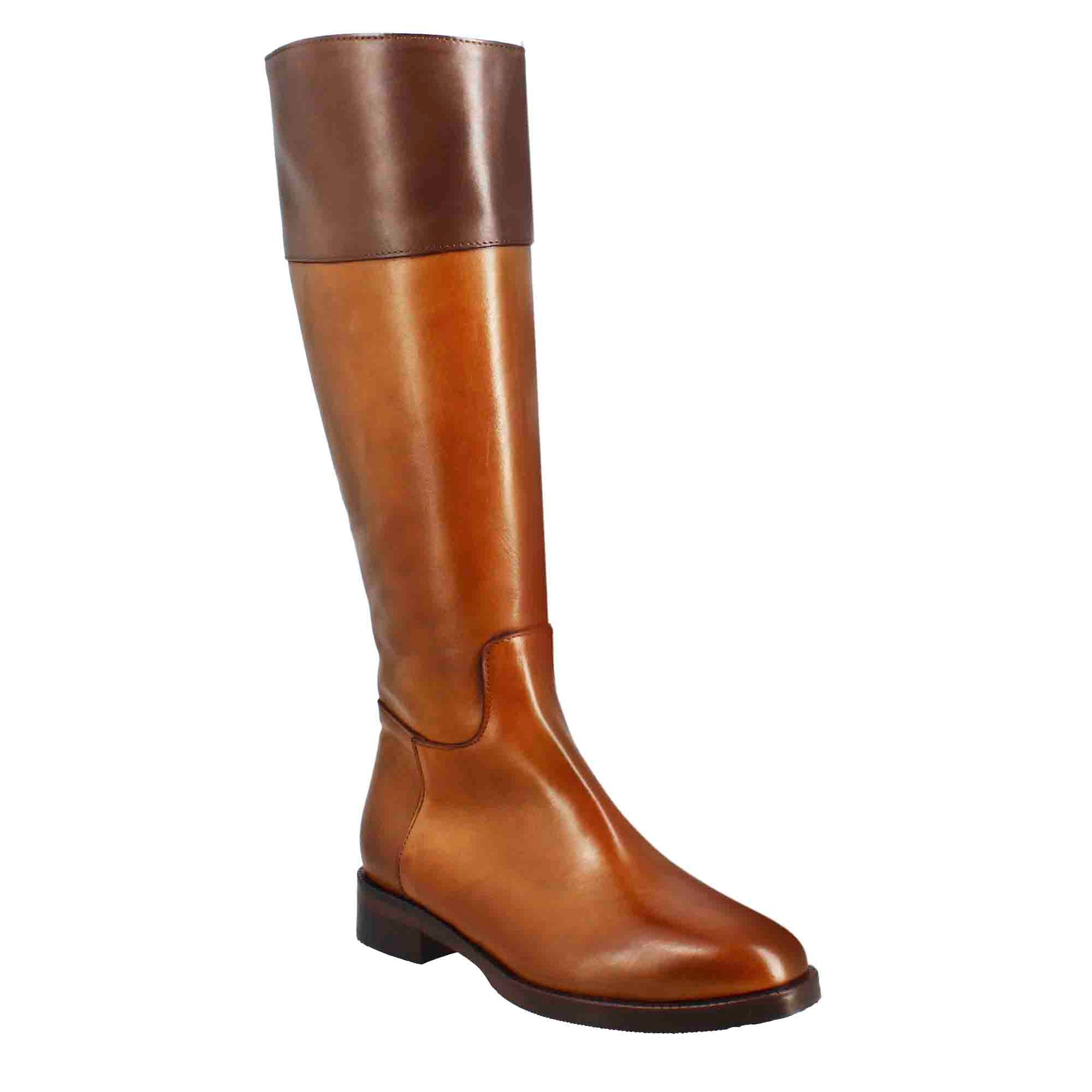 Smooth women's knee-high boot with low heel in brown and dark brown leather