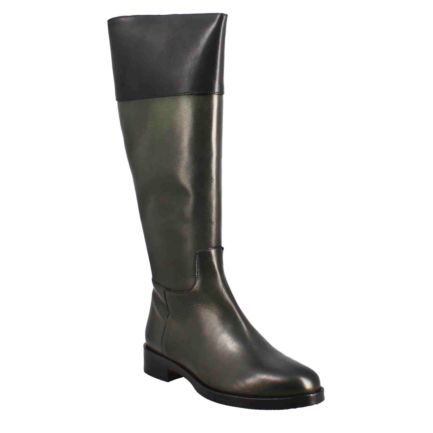 Smooth women's knee-high boot with low heel in green and black leather