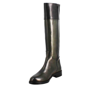 Smooth women's knee-high boot with low heel in green and black leather
