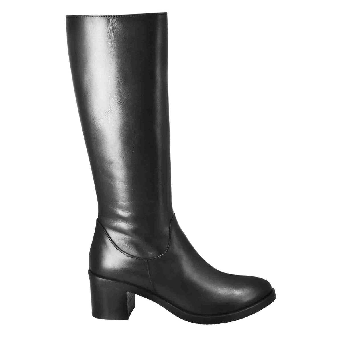 Smooth women's knee-high boots with medium heel in black leather
