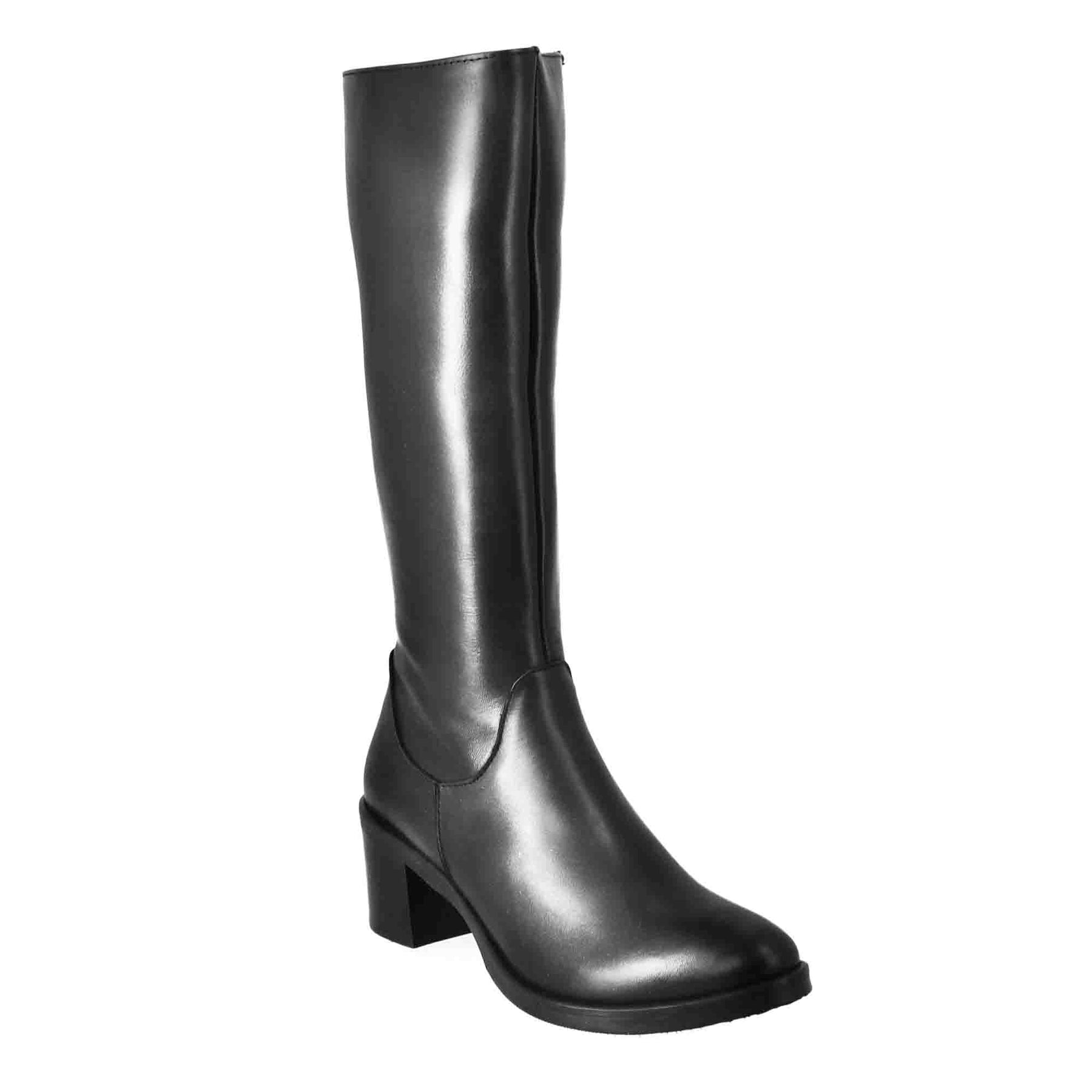Smooth women's knee-high boots with medium heel in black leather