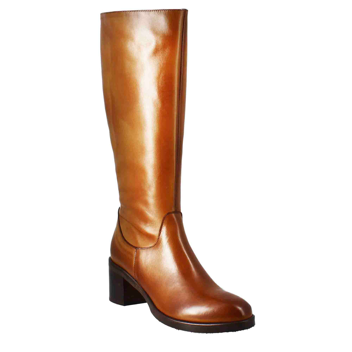 Smooth women's knee-high boot with medium heel in brown leather