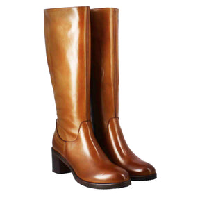 Smooth women's knee-high boot with medium heel in brown leather