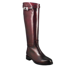 Smooth women's knee-high boot with low heel in burgundy leather