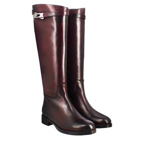 Smooth women's knee-high boot with low heel in burgundy leather