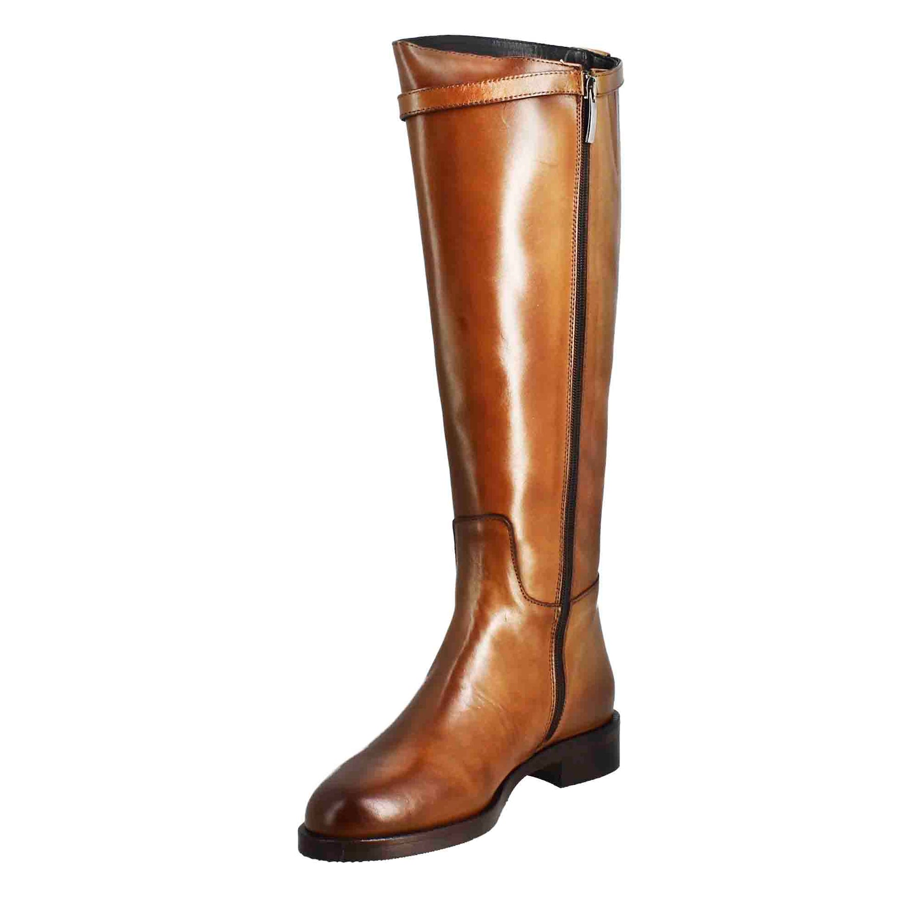 Smooth women's knee-high boot with low heel in tobacco-colored leather