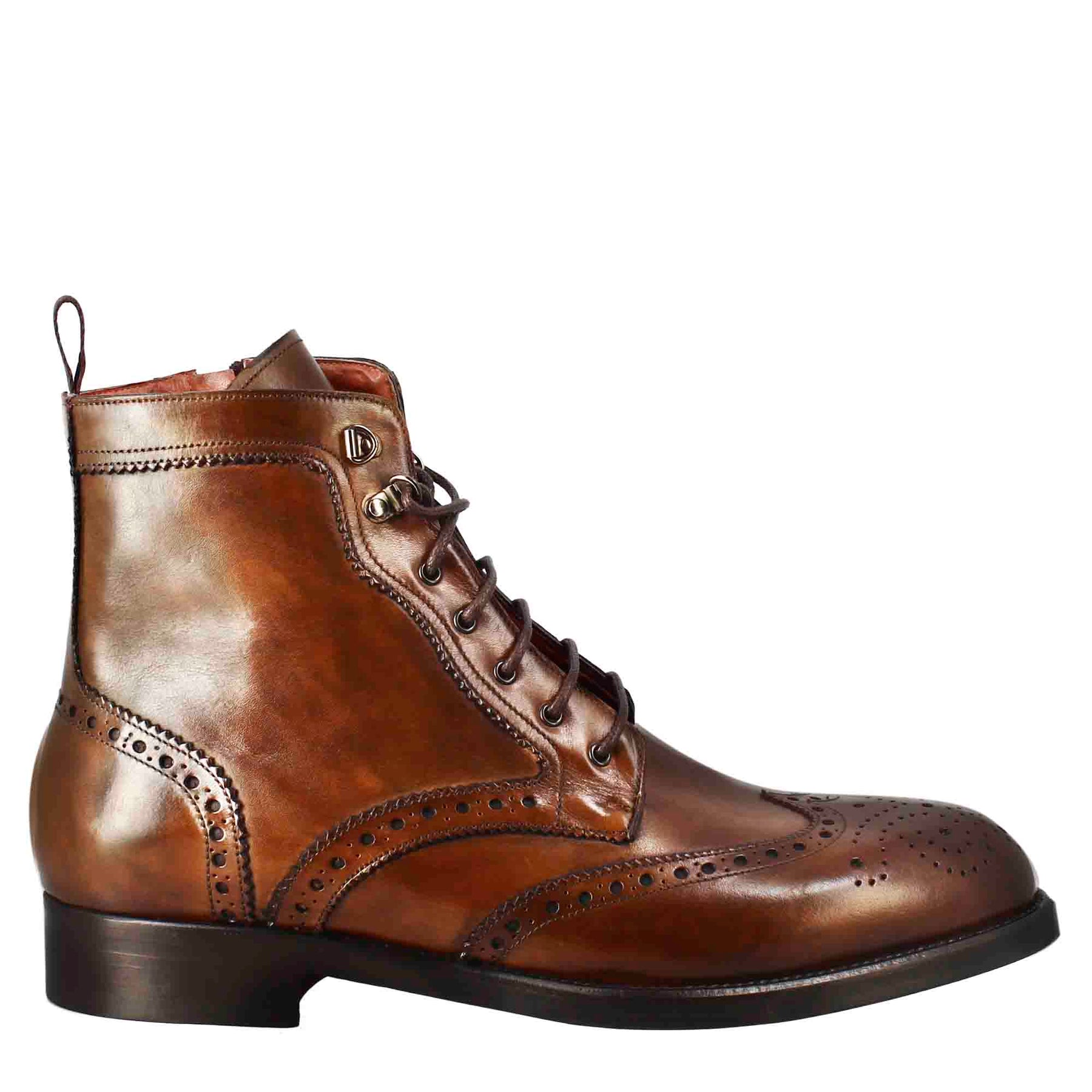 Men's high amphibious brogue boot in tan leather