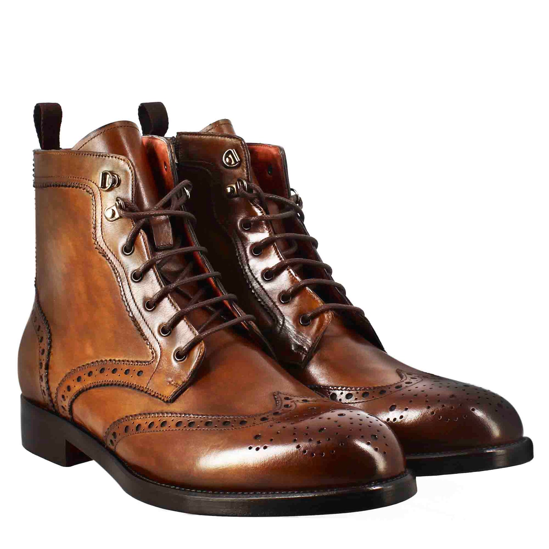Men's high amphibious brogue boot in tan leather