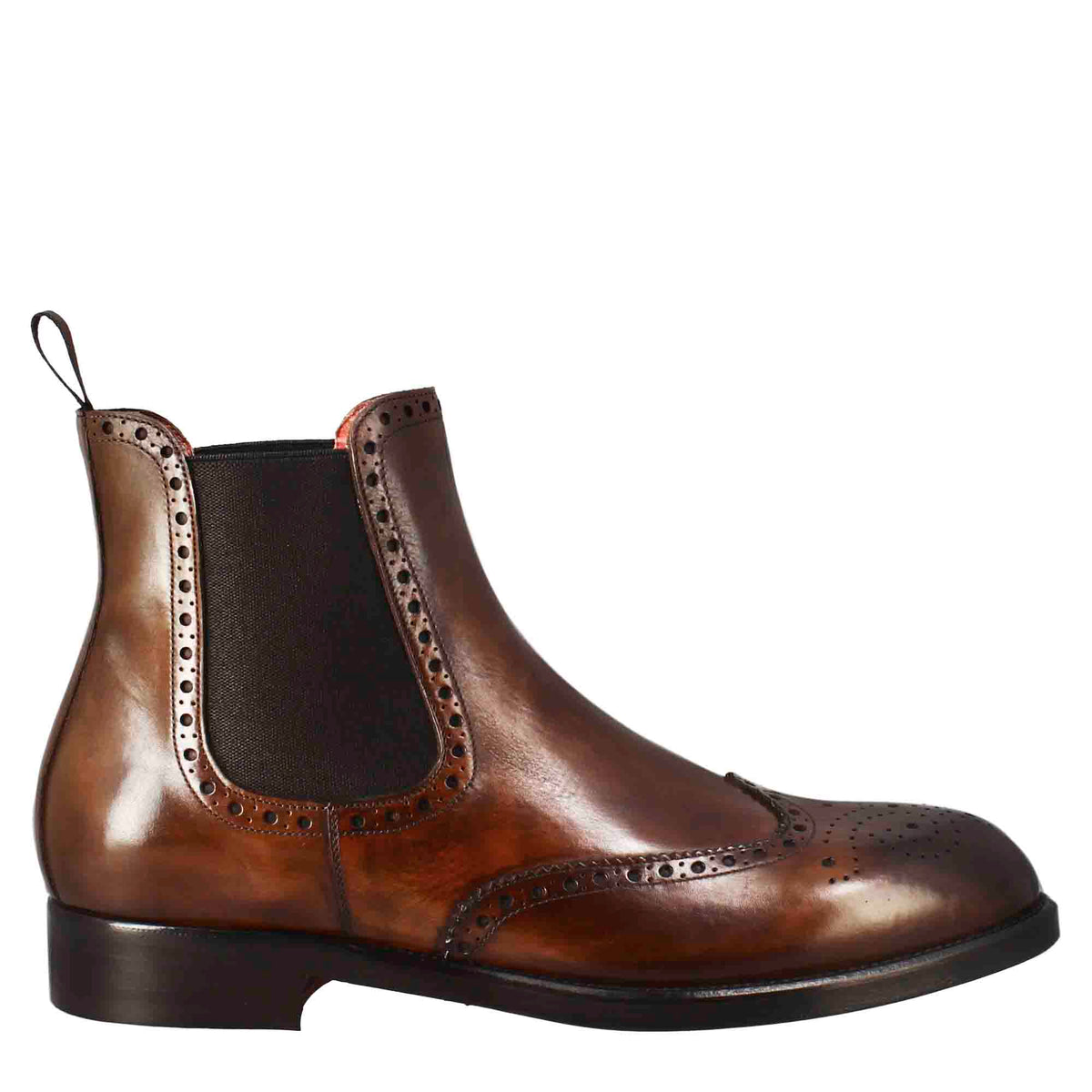 Men's chelsea boot with brogue details in brown leather with elastic