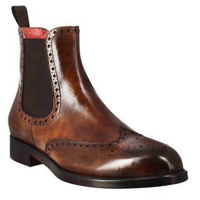 Men's chelsea boot with brogue details in brown leather with elastic