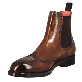 Men's chelsea boot with brogue details in brown leather with elastic