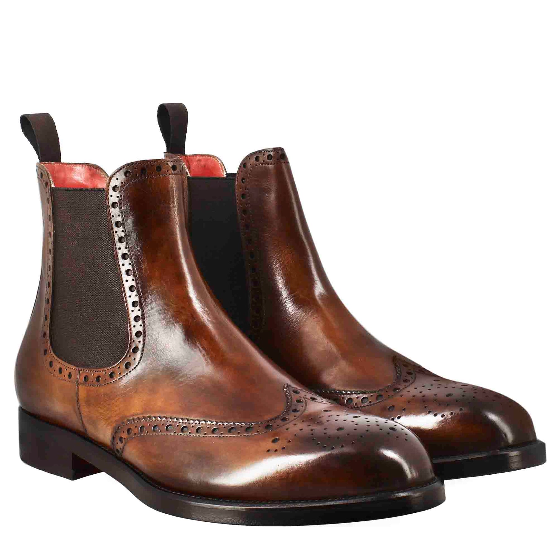 Men s chelsea boot with brogue details in brown leather with elastic
