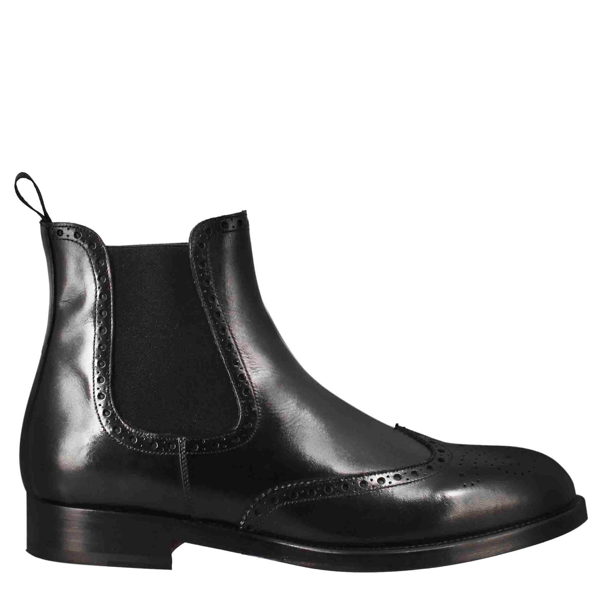 Herren-Chelsea-Stiefel mit Brogue-Details aus schwarzem Leder mit Gummizug