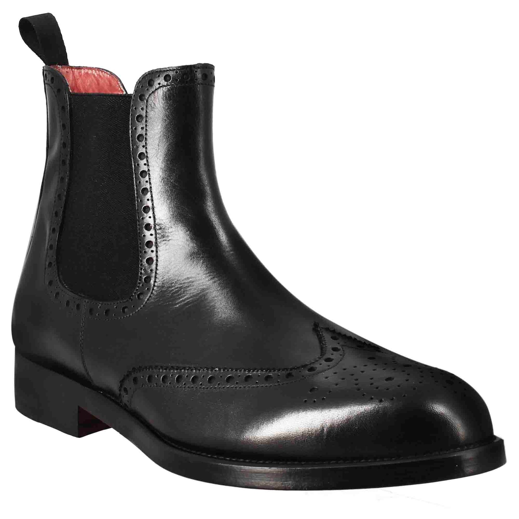 Chelsea boot with brogue details for men in black leather with elastic