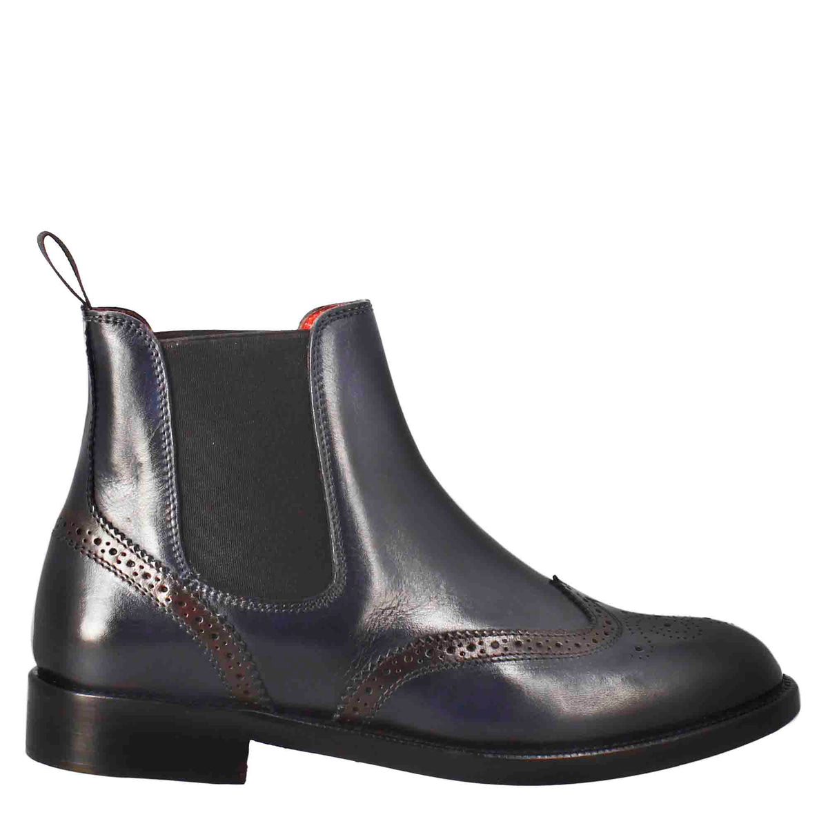 Women's Chelsea boot with brogue details in blue leather