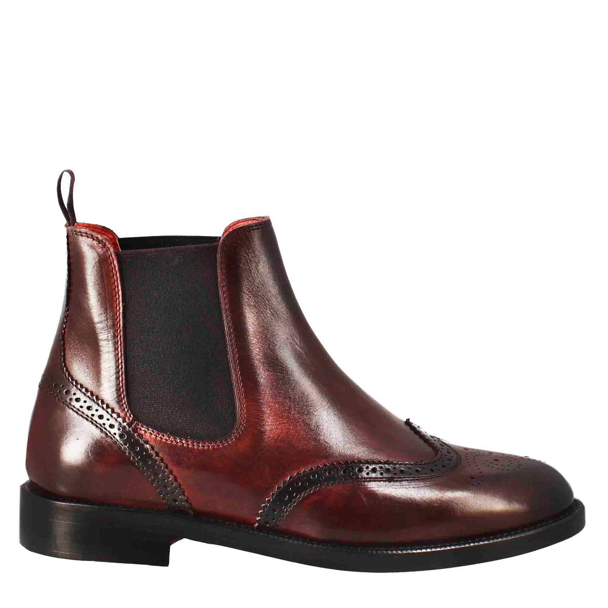 Women's Chelsea boot with brogue details in burgundy leather