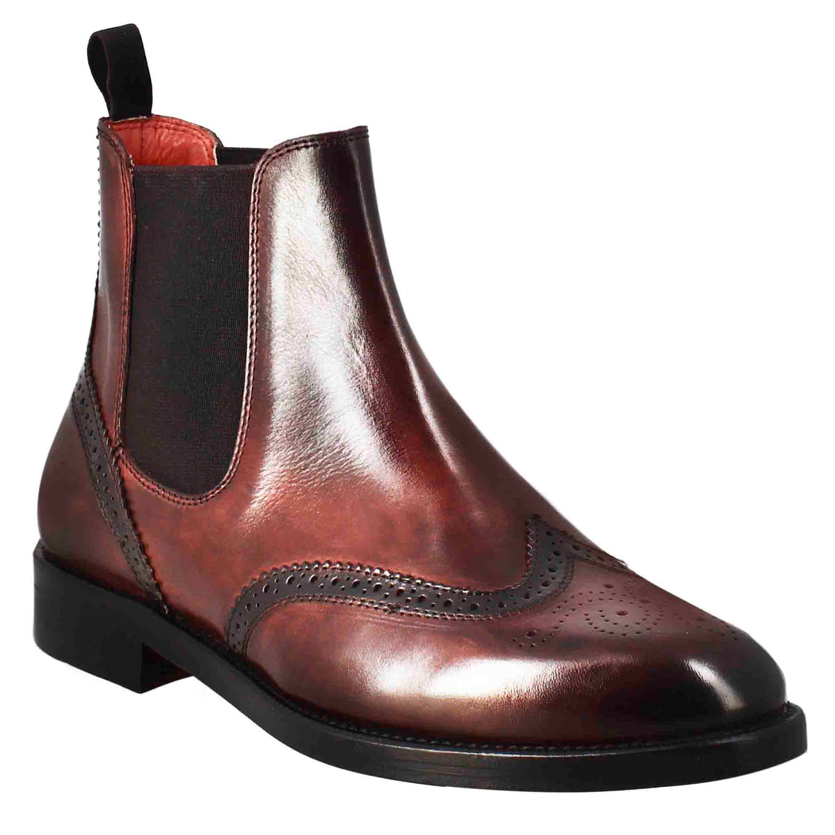 Women's Chelsea boot with brogue details in burgundy leather