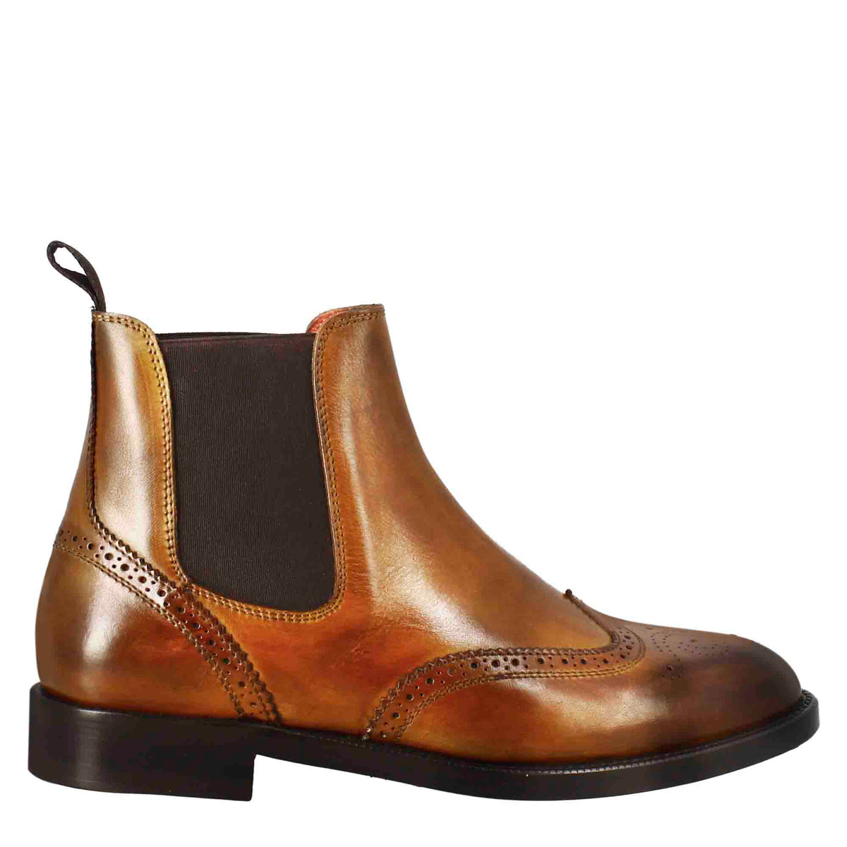 Women's Chelsea boot with brogue details in light brown leather