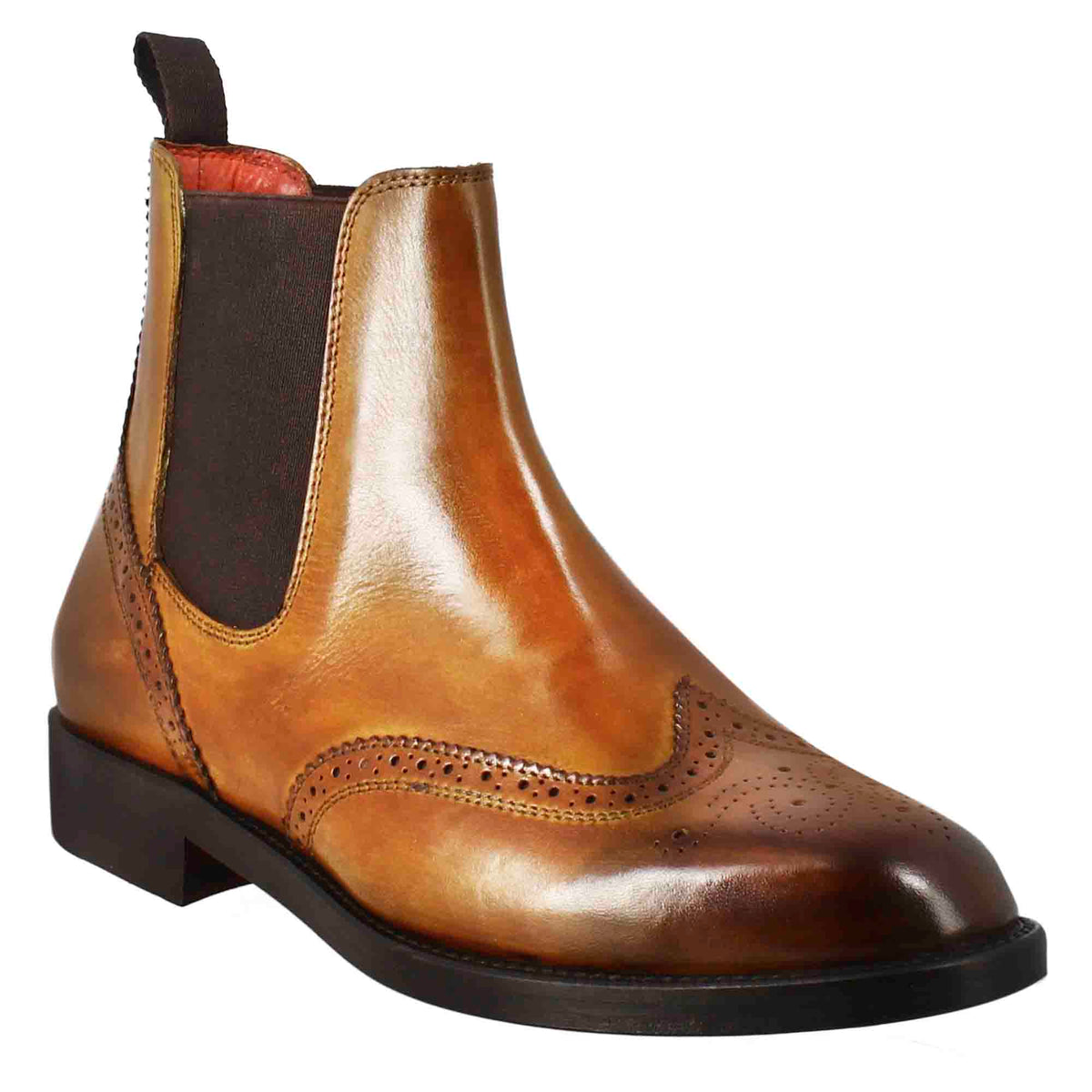 Women's Chelsea boot with brogue details in light brown leather