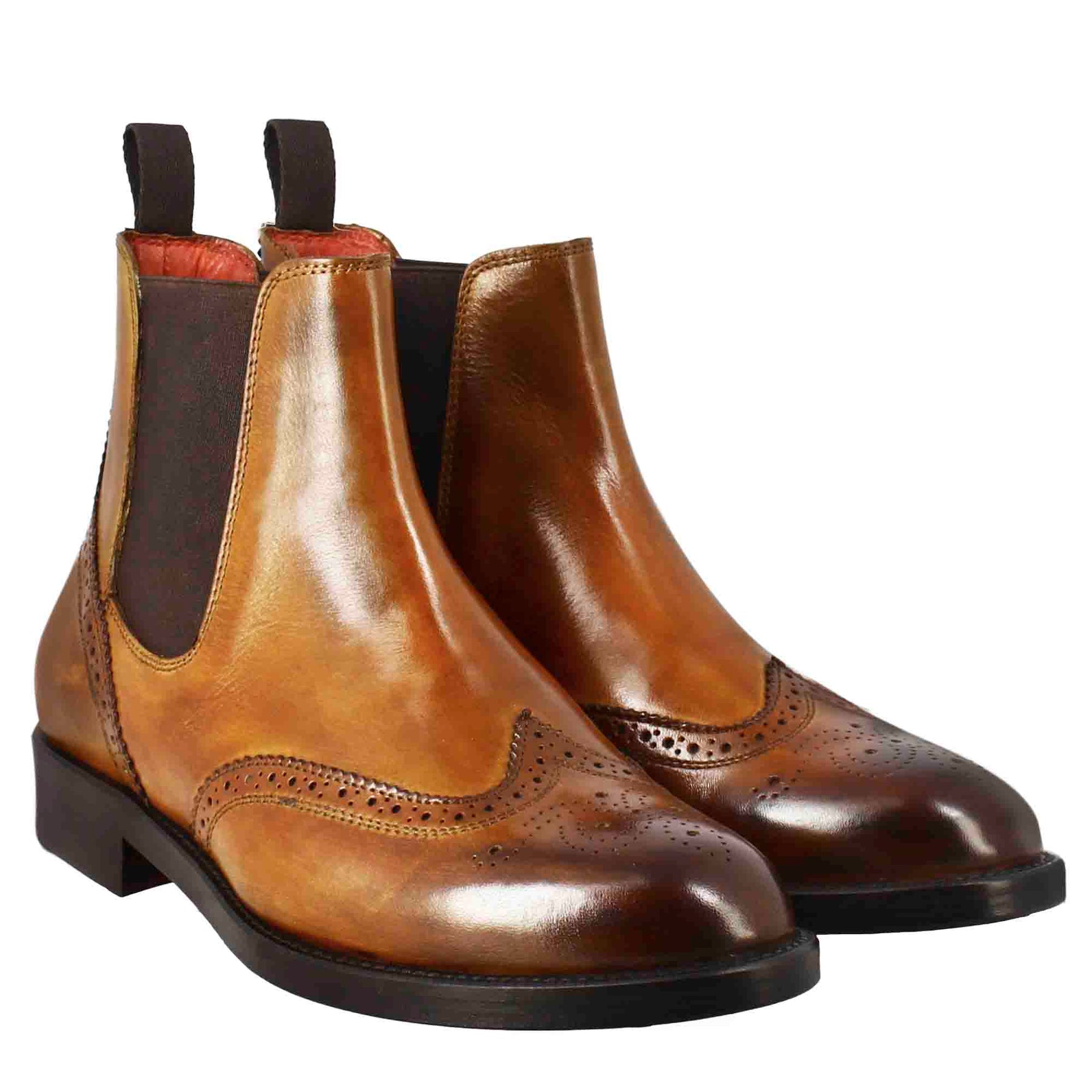 Women's Chelsea boot with brogue details in light brown leather