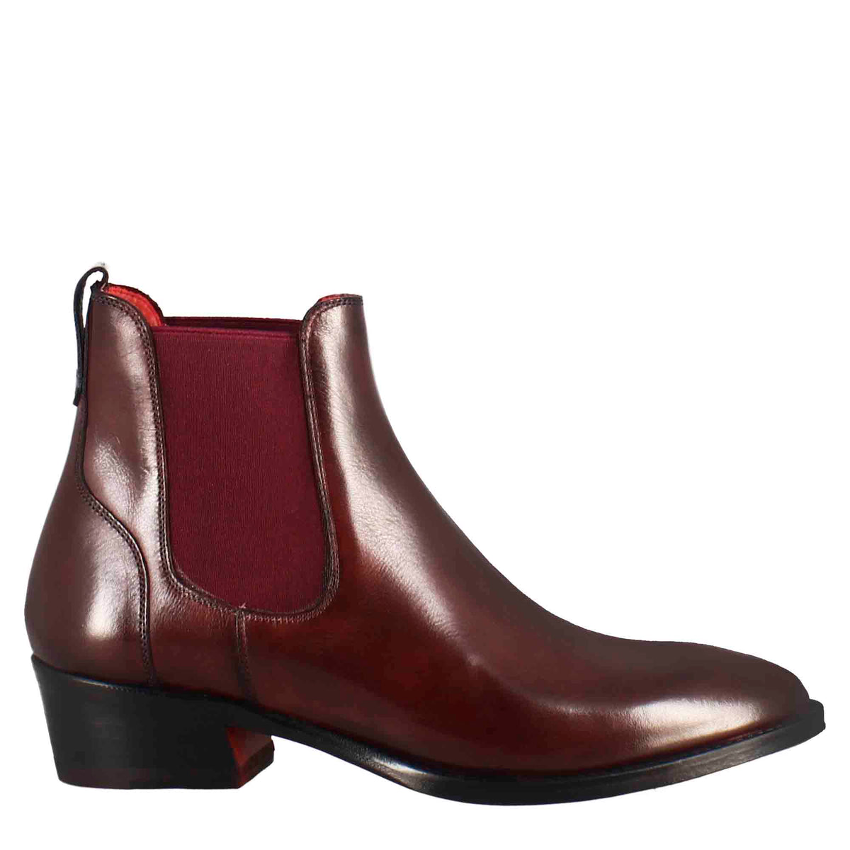 Women's smooth chelsea boot with medium heel in burgundy-coloured leather