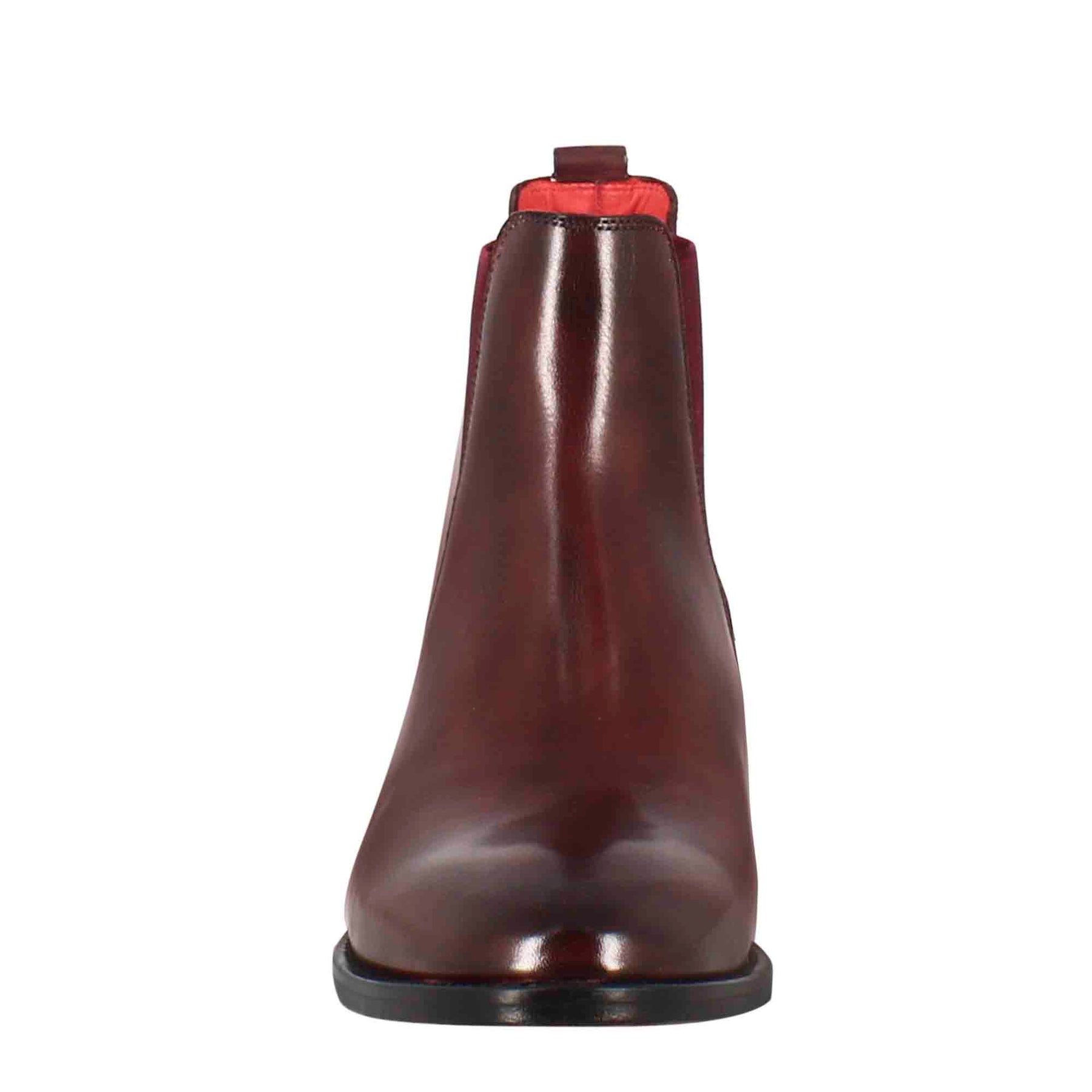 Women s smooth chelsea boot with medium heel in burgundy coloured leather