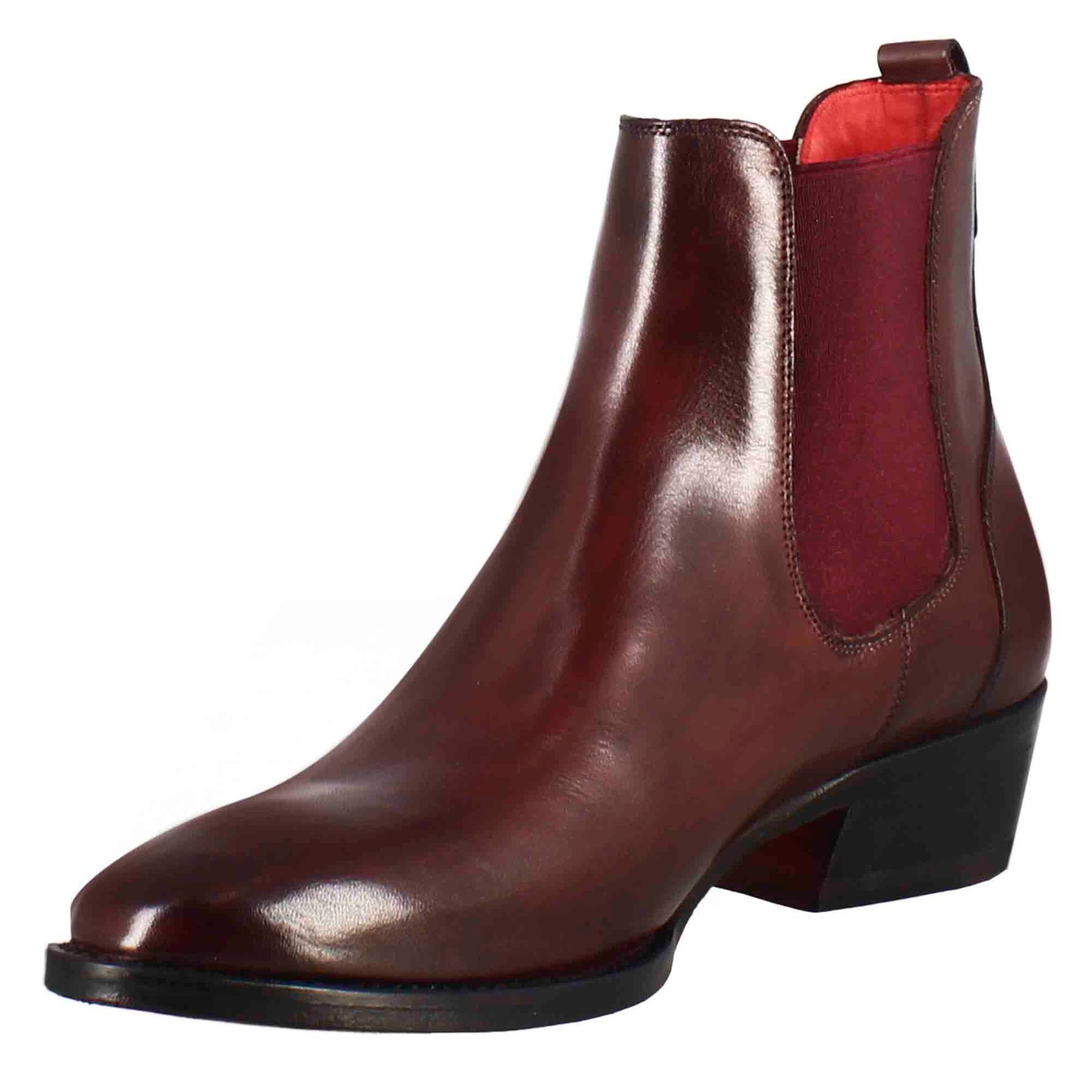 Women s smooth chelsea boot with medium heel in burgundy coloured leather