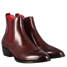 Women s smooth chelsea boot with medium heel in burgundy coloured leat