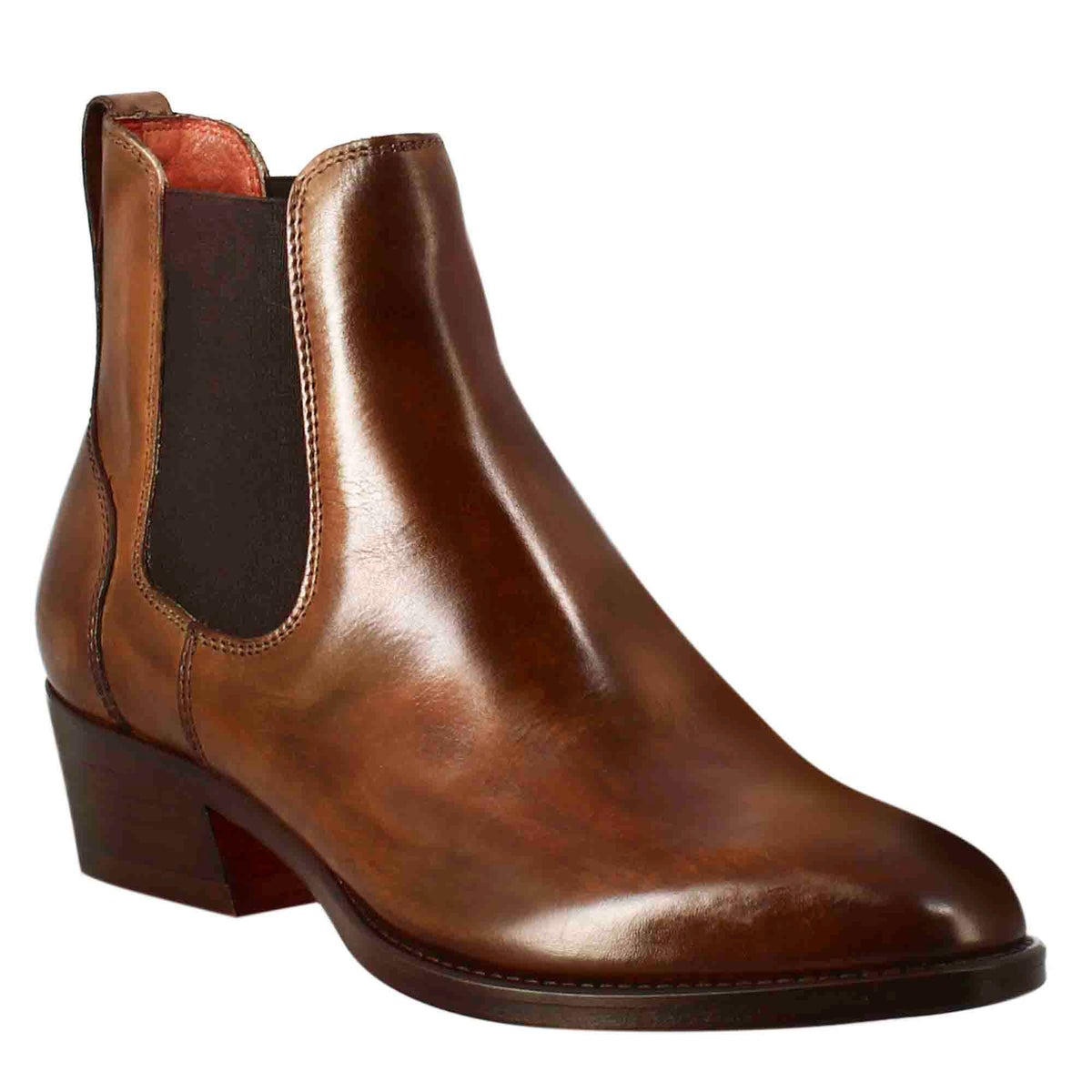 Smooth women's Chelsea boot with medium heel in brown leather
