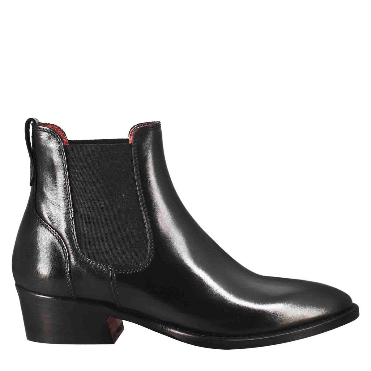 Damen-Chelsea-Stiefelette mit mittlerem Absatz aus schwarzem Leder