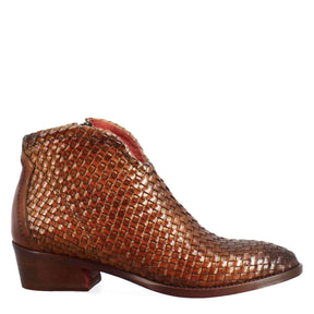 Women's ankle boot with medium heel in light brown woven leather