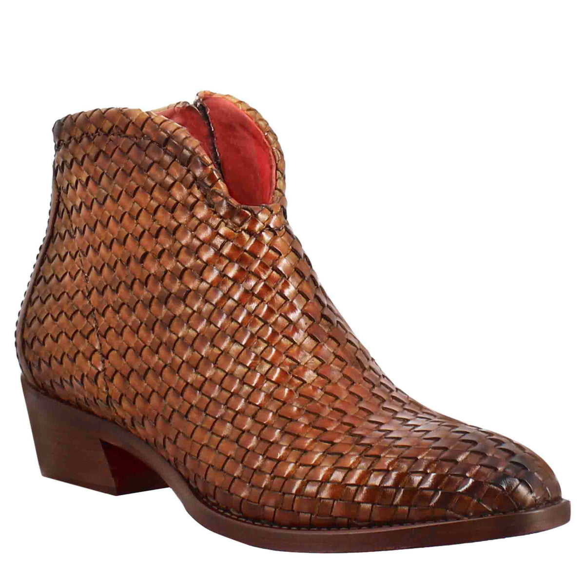 Women's ankle boot with medium heel in light brown woven leather