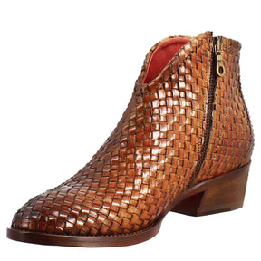 Women's ankle boot with medium heel in light brown woven leather