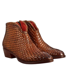 Women's ankle boot with medium heel in light brown woven leather