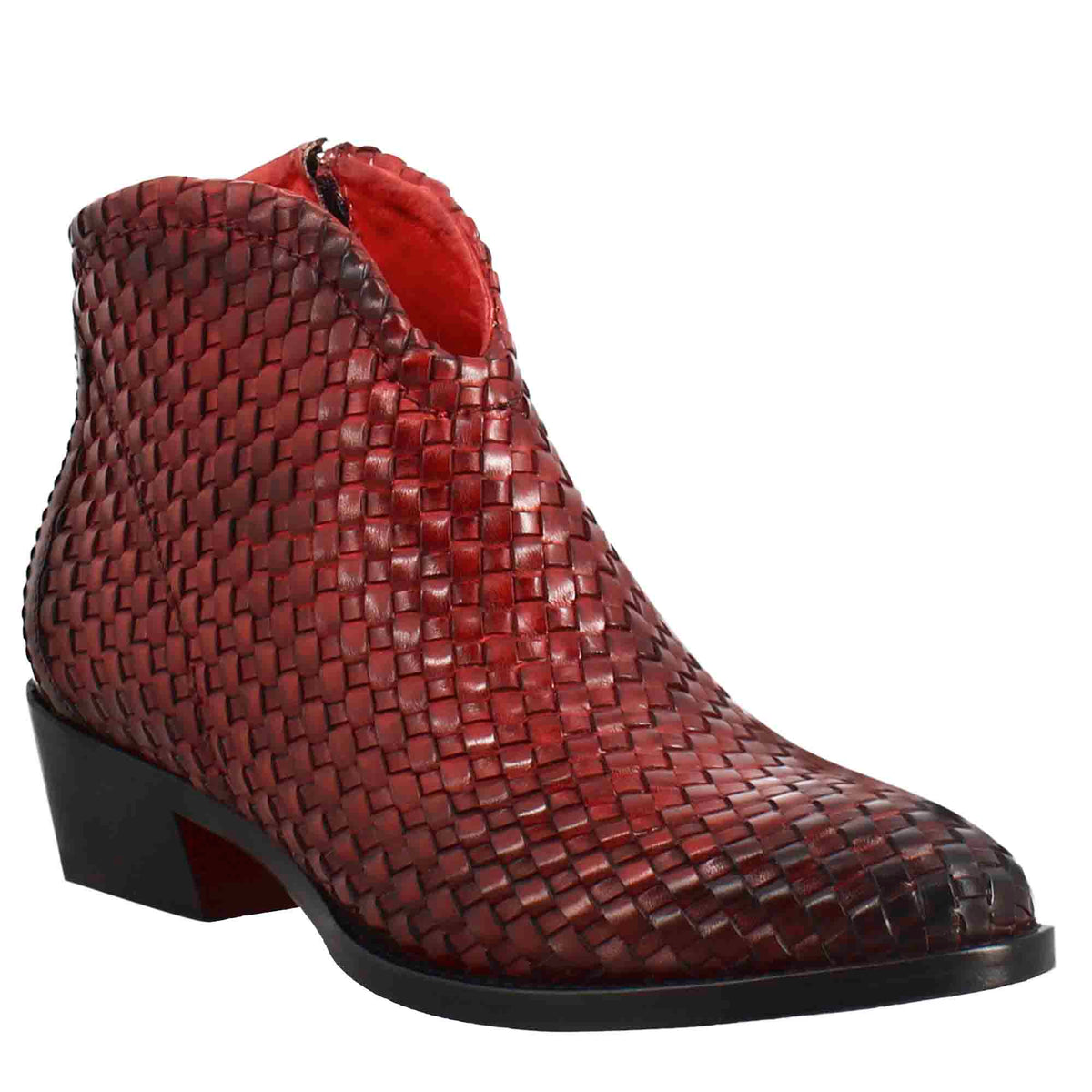 Women's ankle boot in woven leather with red medium heel