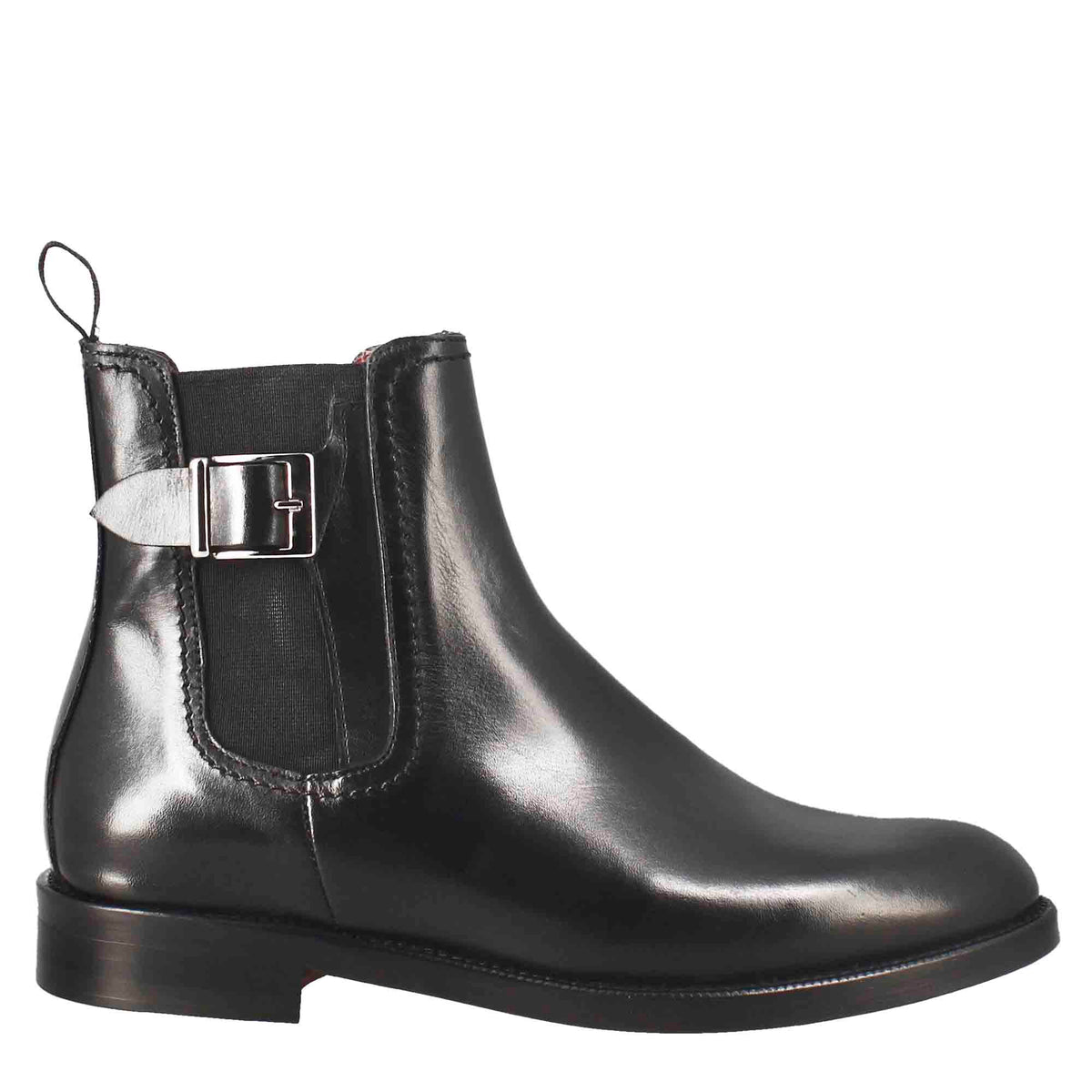 Women's low heel black smooth leather ankle boot with side buckle