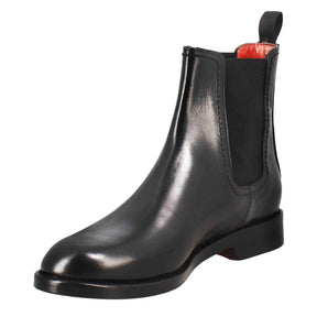 Women's low heel black smooth leather ankle boot with side buckle