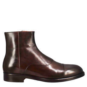 High men's ankle boot in chocolate-colored leather with zip closure