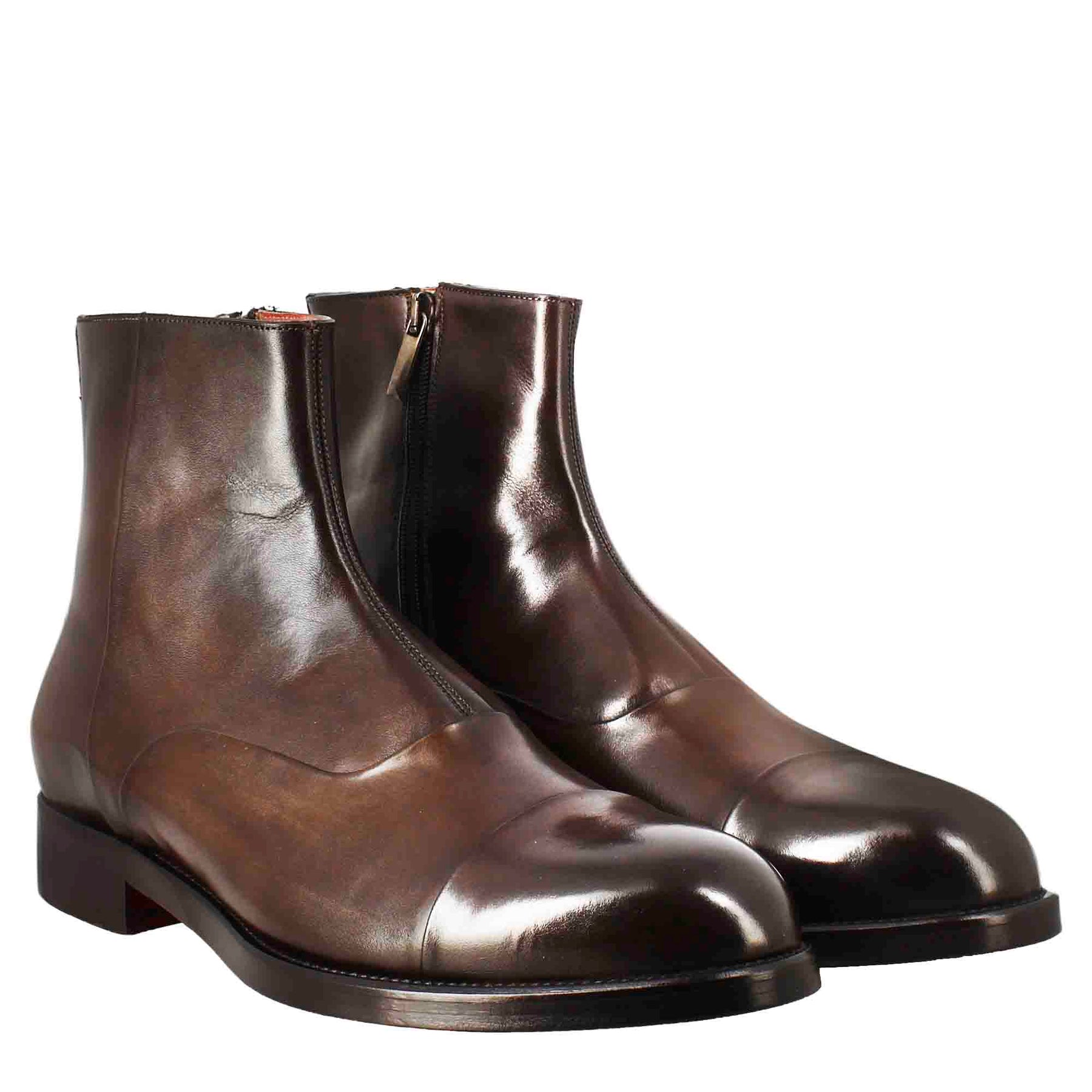 High men's ankle boot in chocolate-colored leather with zip closure