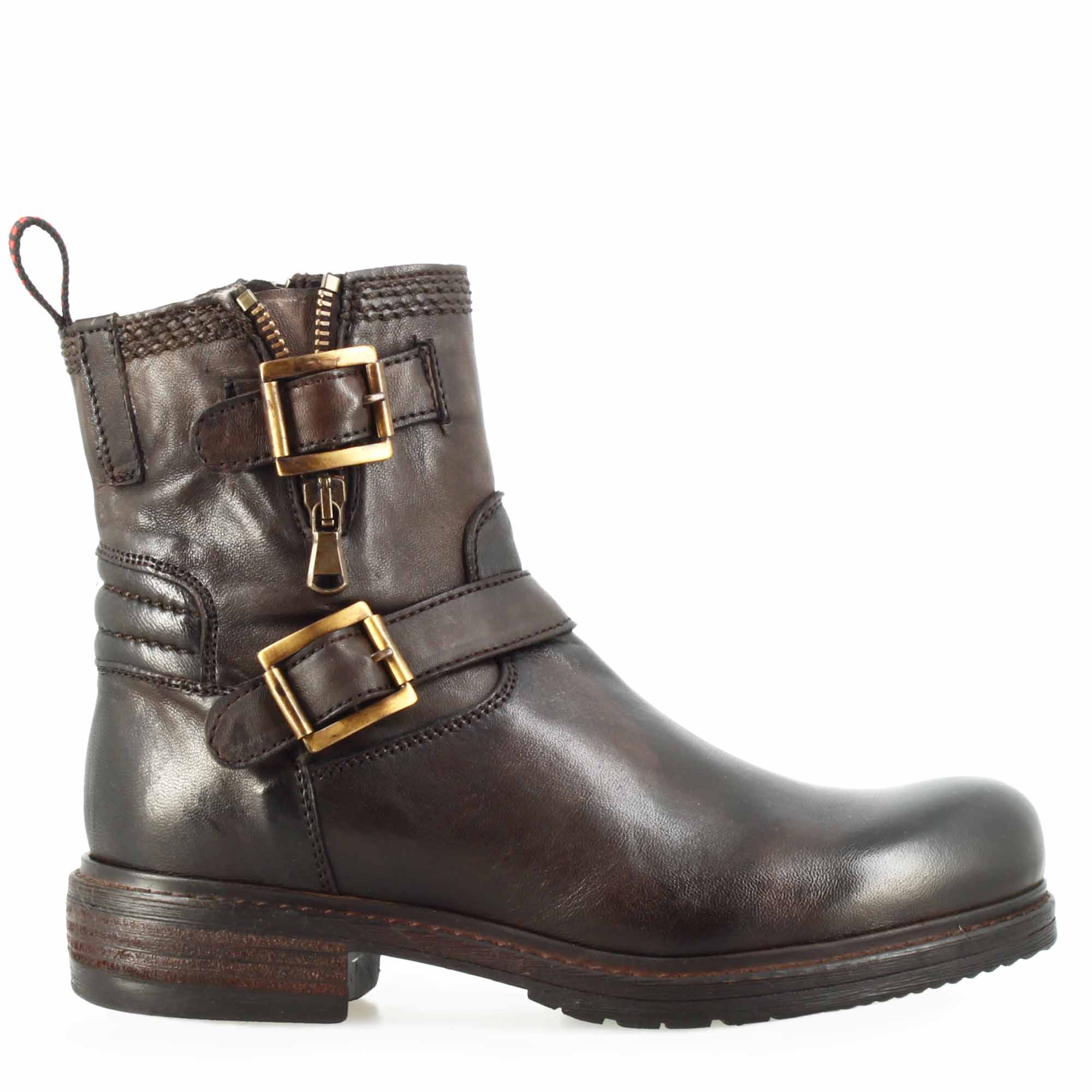 Damenstiefelette mit doppelter Schnalle aus echtem dunkelbraunem Leder