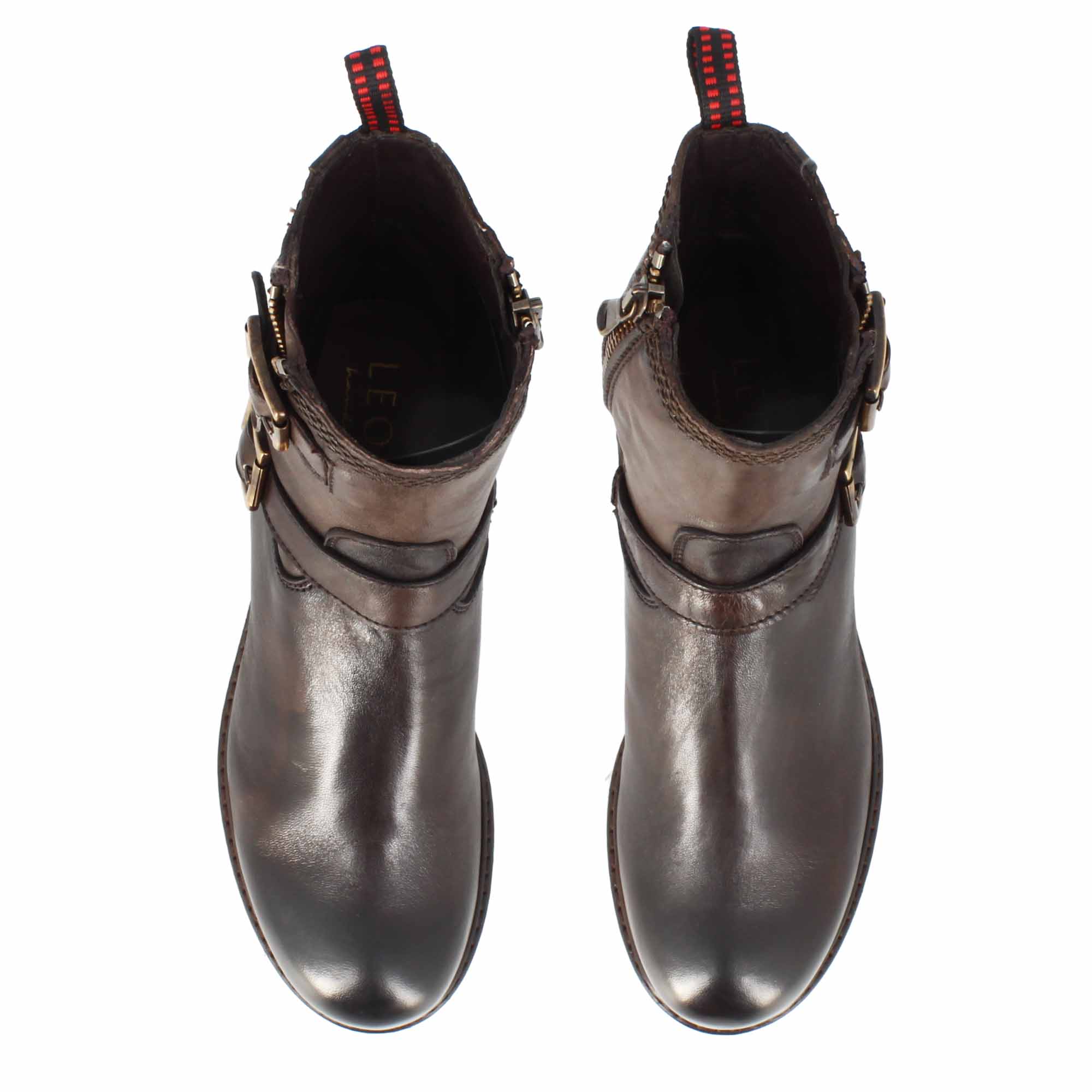 Bottine pour femme à double boucle en cuir véritable marron foncé