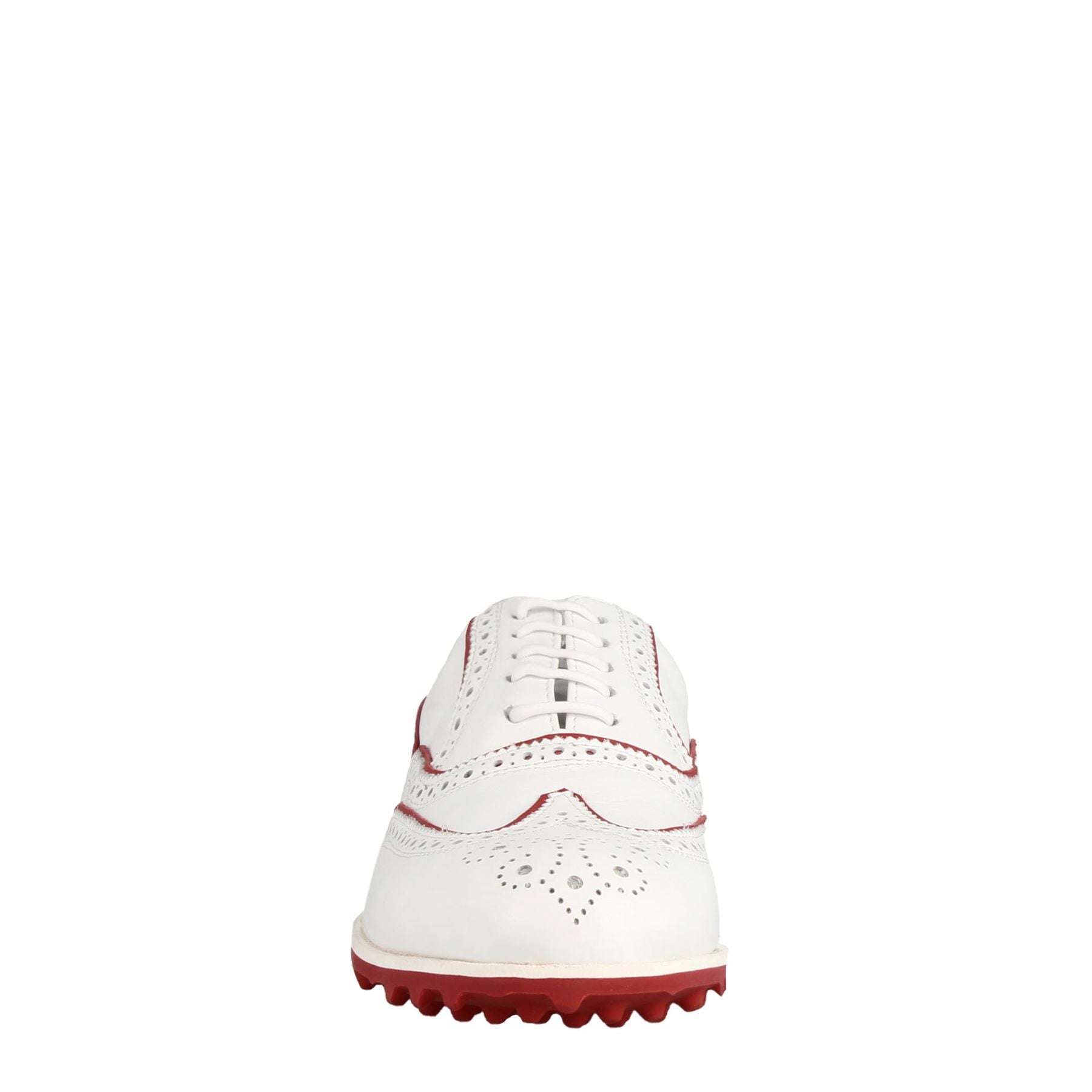 Handgefertigte Herren-Golfschuhe aus weißem Leder mit roten Verzierungen