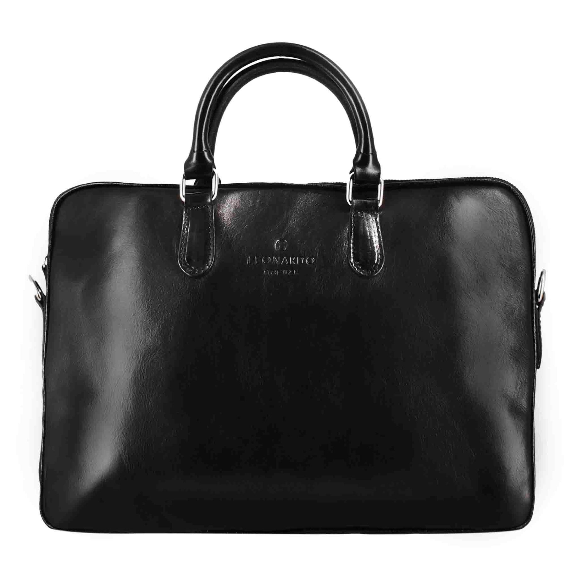 Professional leather briefcase with removable black shoulder strap
