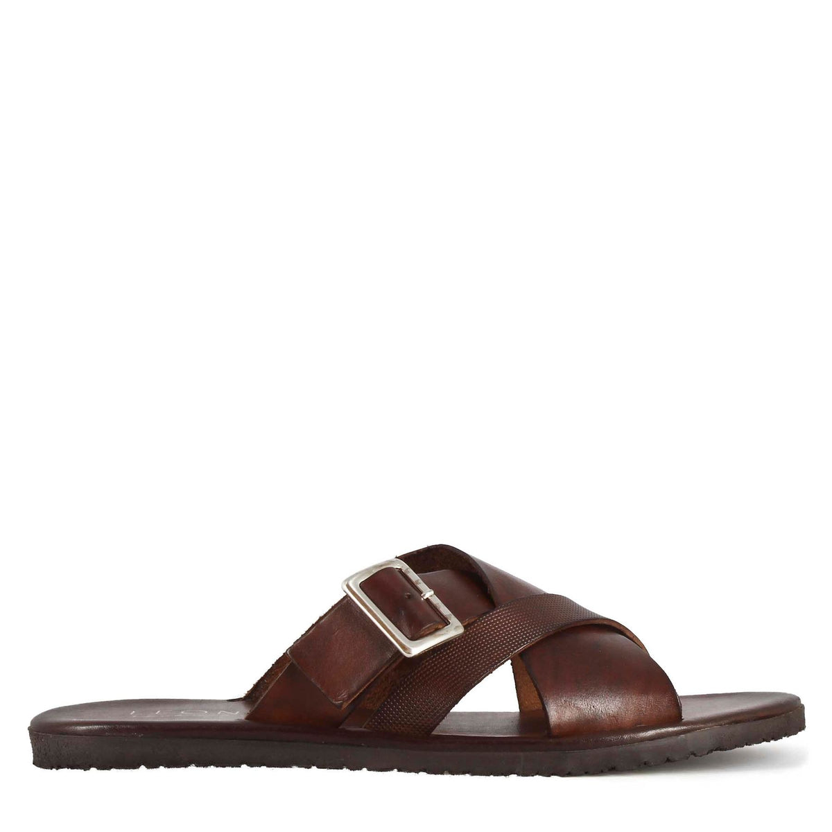 Two-band slider sandal with buckle for men in brown leather