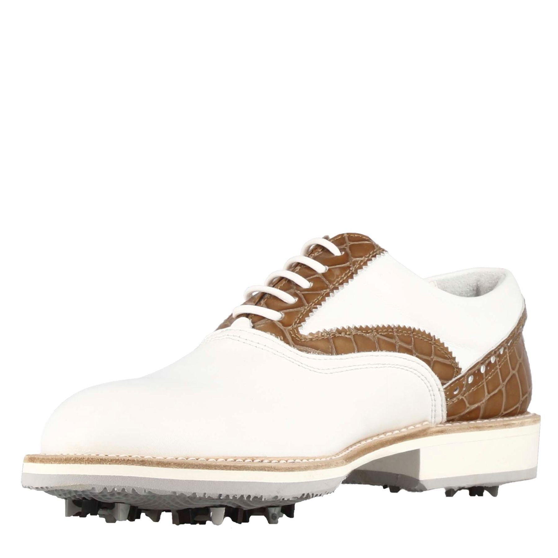 Handgefertigte Herren-Golfschuhe aus weißem Leder mit hellbraunen Details