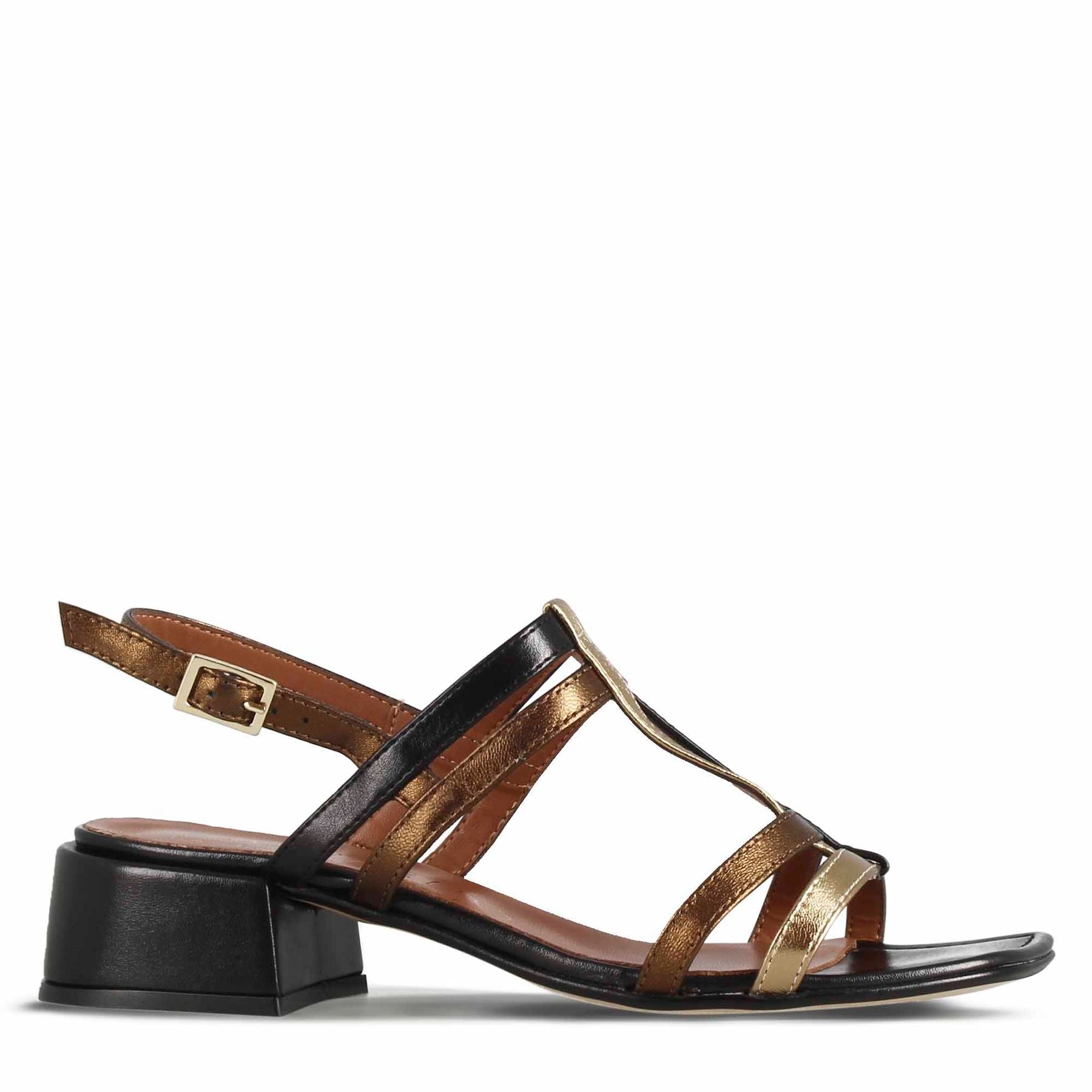 Women's sandal with black and gold leather bands