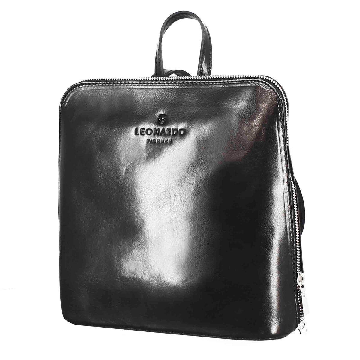 Women's Ginevra backpack in smooth black leather with zip