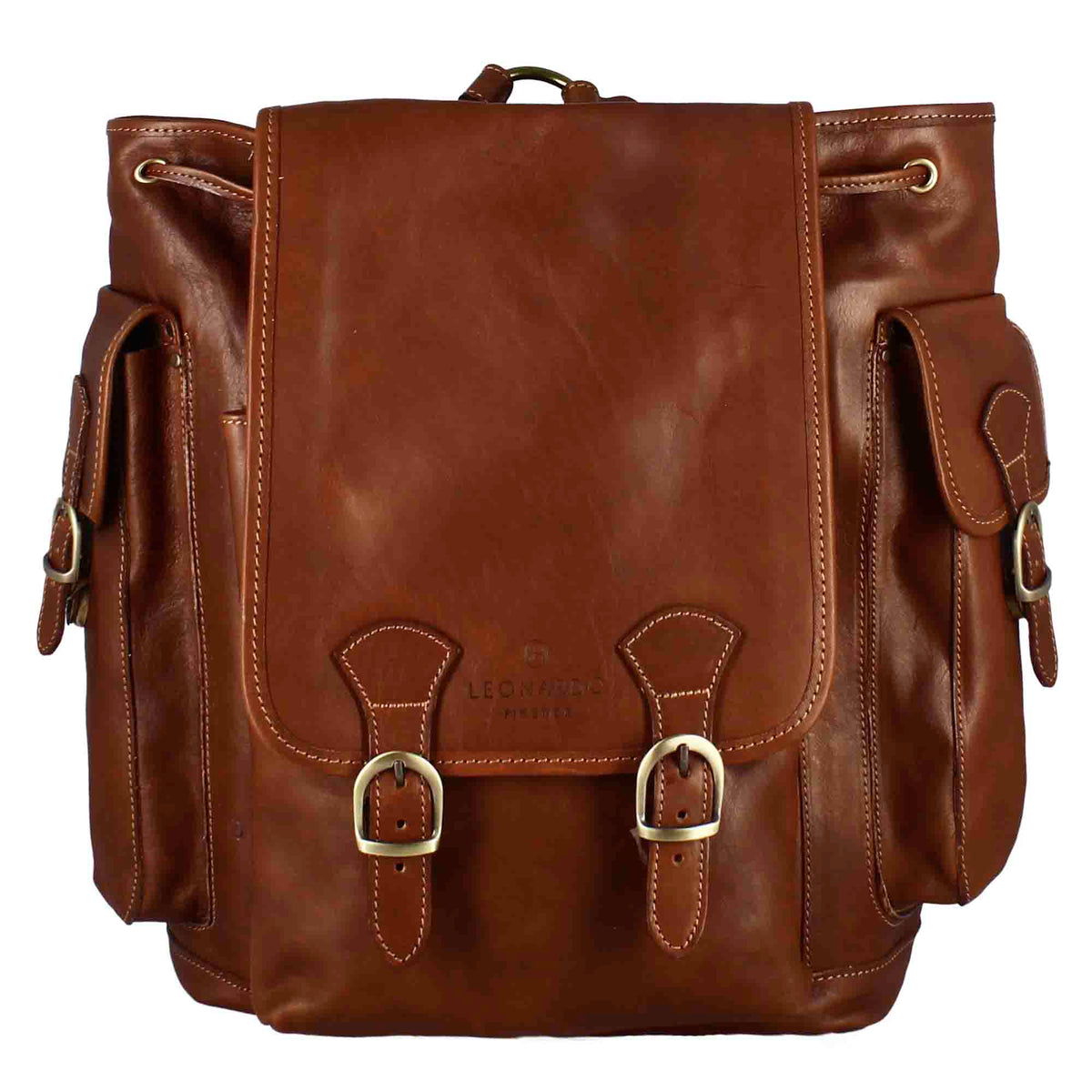 Men's full-grain leather multi-pocket backpack with buckle fastening brown colour